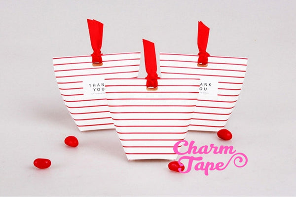 Festive Red Stripes Simple Gift Box with Red Ribbon Packaging Party Favors 5/20 counts PB015