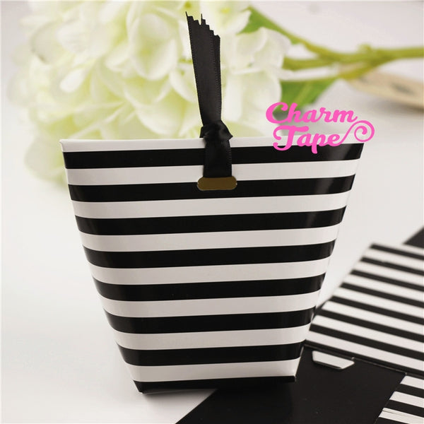 Festive Black & White Stripes Simple Gift Box with Black Ribbon Packaging Party Favors 5/20 counts PB016