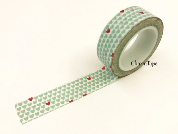 Aqua & Red Hearts Washi Tape 15mm x 10m WT68 - CharmTape - 1