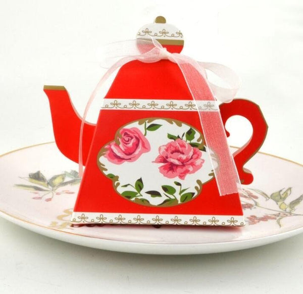 Set of 25 Tea pot favor box, Tiffany’s theme, pink, floral, gold, spring, tea party, gift box, Bridal shower PB052
