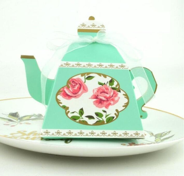 Set of 25 Tea pot favor box, Tiffany’s theme, pink, floral, gold, spring, tea party, gift box, Bridal shower PB052