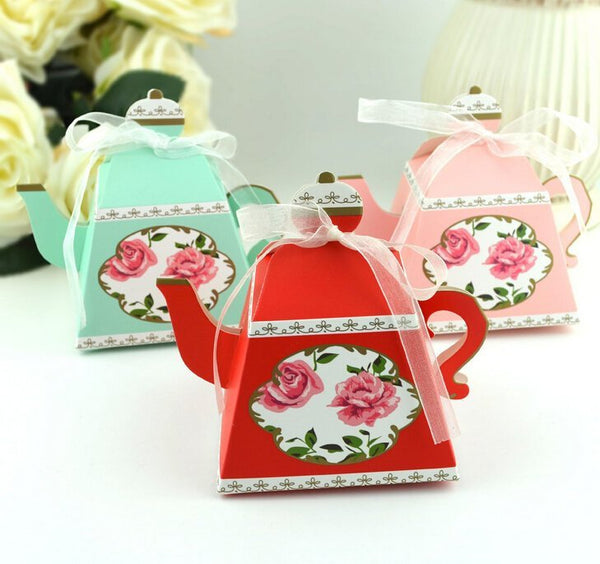 Set of 25 Tea pot favor box, Tiffany’s theme, pink, floral, gold, spring, tea party, gift box, Bridal shower PB052