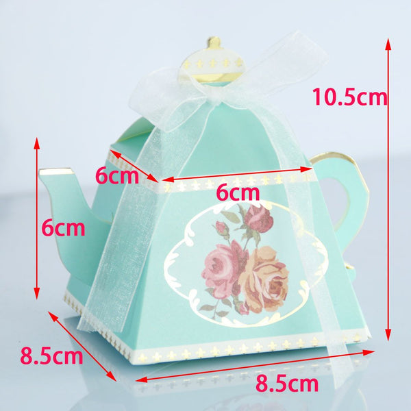 Set of 25 Tea pot favor box, Tiffany’s theme, pink, floral, gold, spring, tea party, gift box, Bridal shower PB052