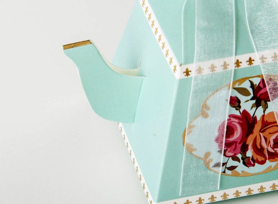 Set of 25 Tea pot favor box, Tiffany’s theme, pink, floral, gold, spring, tea party, gift box, Bridal shower PB052