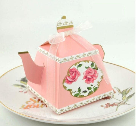 Set of 25 Tea pot favor box, Tiffany’s theme, pink, floral, gold, spring, tea party, gift box, Bridal shower PB052